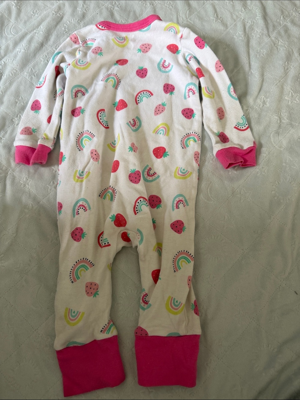 Pink-Trim White Strawberry & Rainbow Footed One-Piece for Kids 9-12 months - Picture 7 of 7